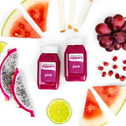 Pink Sippers for Kids (2-Count) by Raw Generation featuring cold-pressed watermelon, pomegranate, and dragonfruit juice bottles, highlighting natural vitamins for a nutritious kids' beverage.