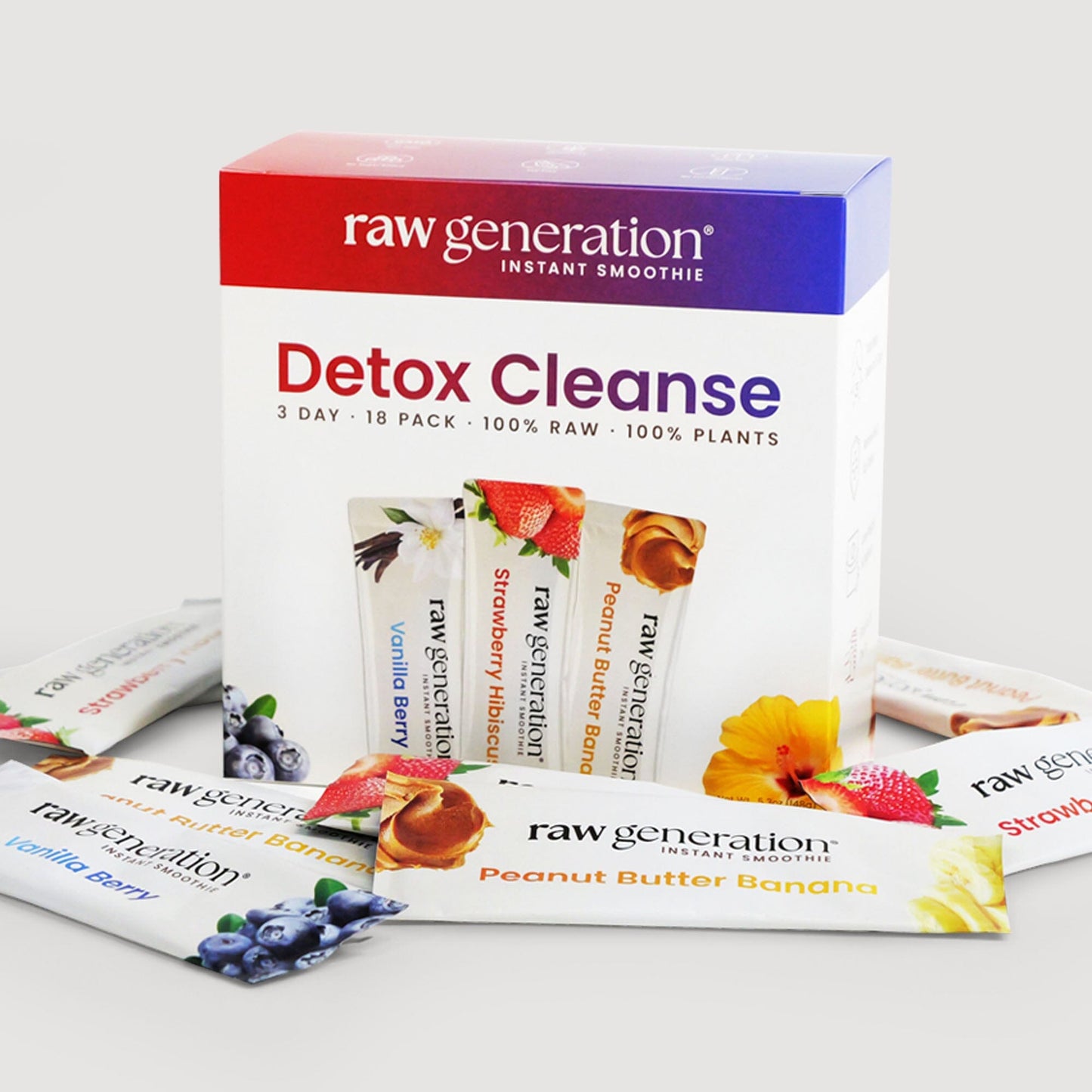 Box of Instant Smoothie Detox Cleanse bars, designed for convenient, nutritious detox with individual servings, featuring flavors like Strawberry Hibiscus and Peanut Butter Banana.