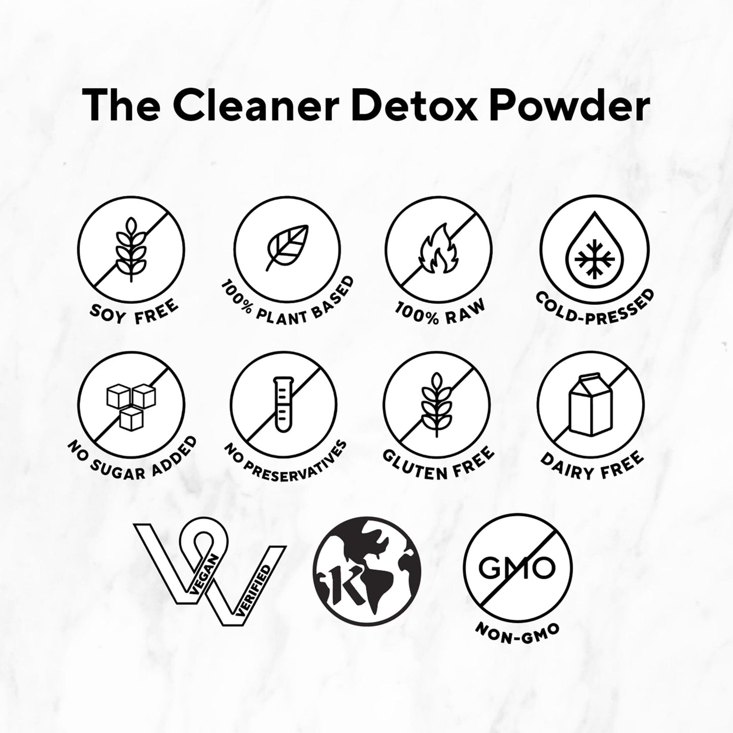 Instant Smoothie Detox Cleanse in monochrome, featuring a logo and symbols like a leaf and no chemicals sign, emphasizing its clean, nutritious formulation.