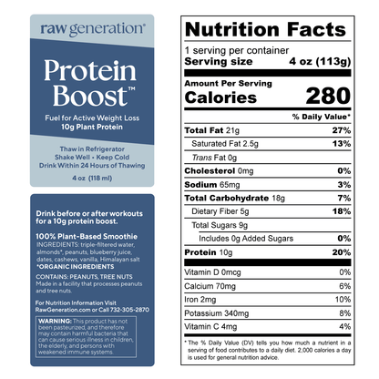 Protein Boost™ (2 Count) featuring a close-up of the nutrition label highlighting its clean plant protein content, ideal for pre- or post-workout consumption.