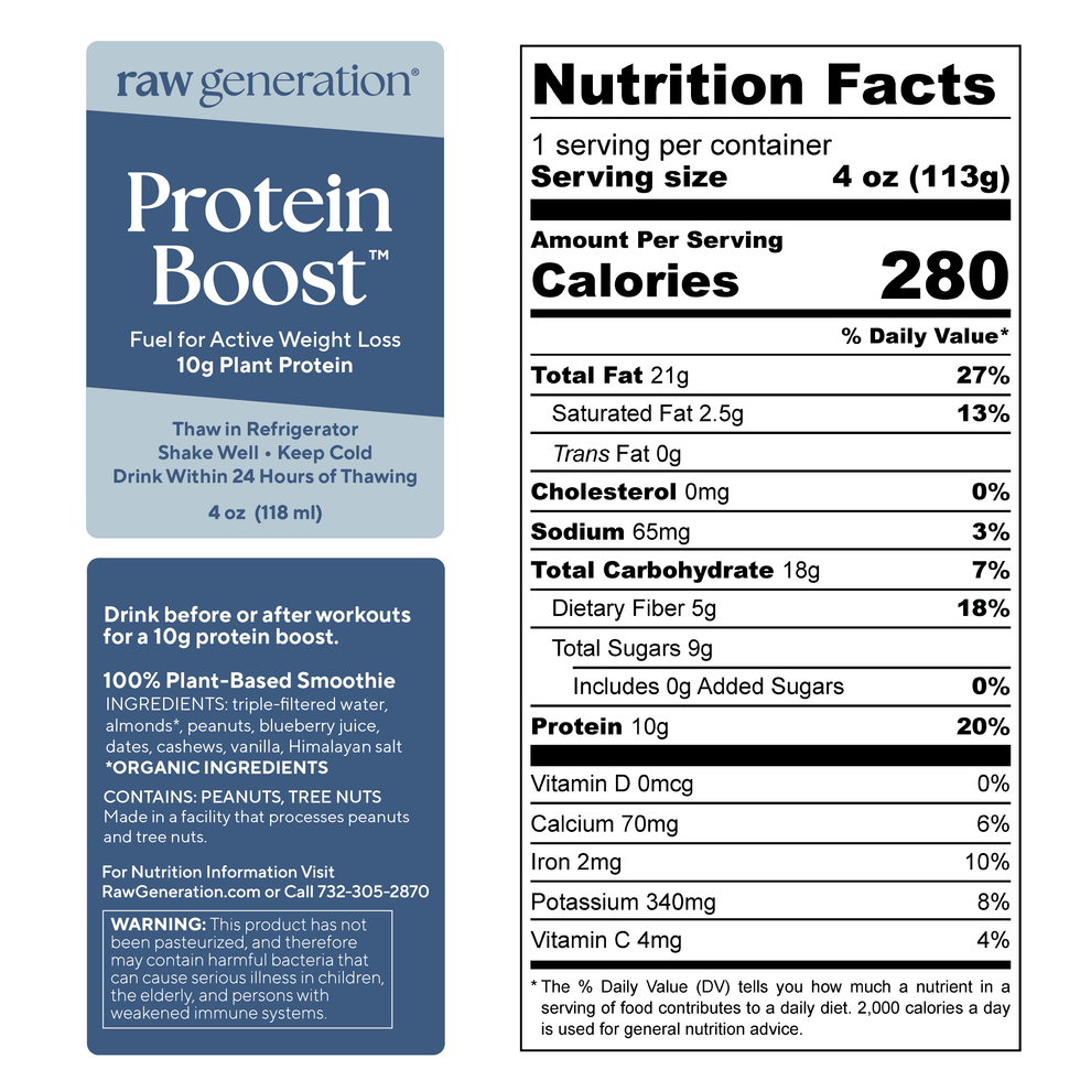 Protein Boost™ (2 Count) featuring a close-up of the nutrition label highlighting its clean plant protein content, ideal for pre- or post-workout consumption.