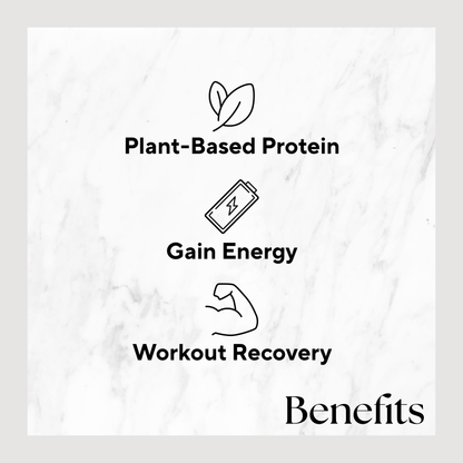 Protein Boost™ (2 Count) bottles with black text on a white marble surface, featuring plant protein benefits and a clean, creamy PB&J flavor for workouts.