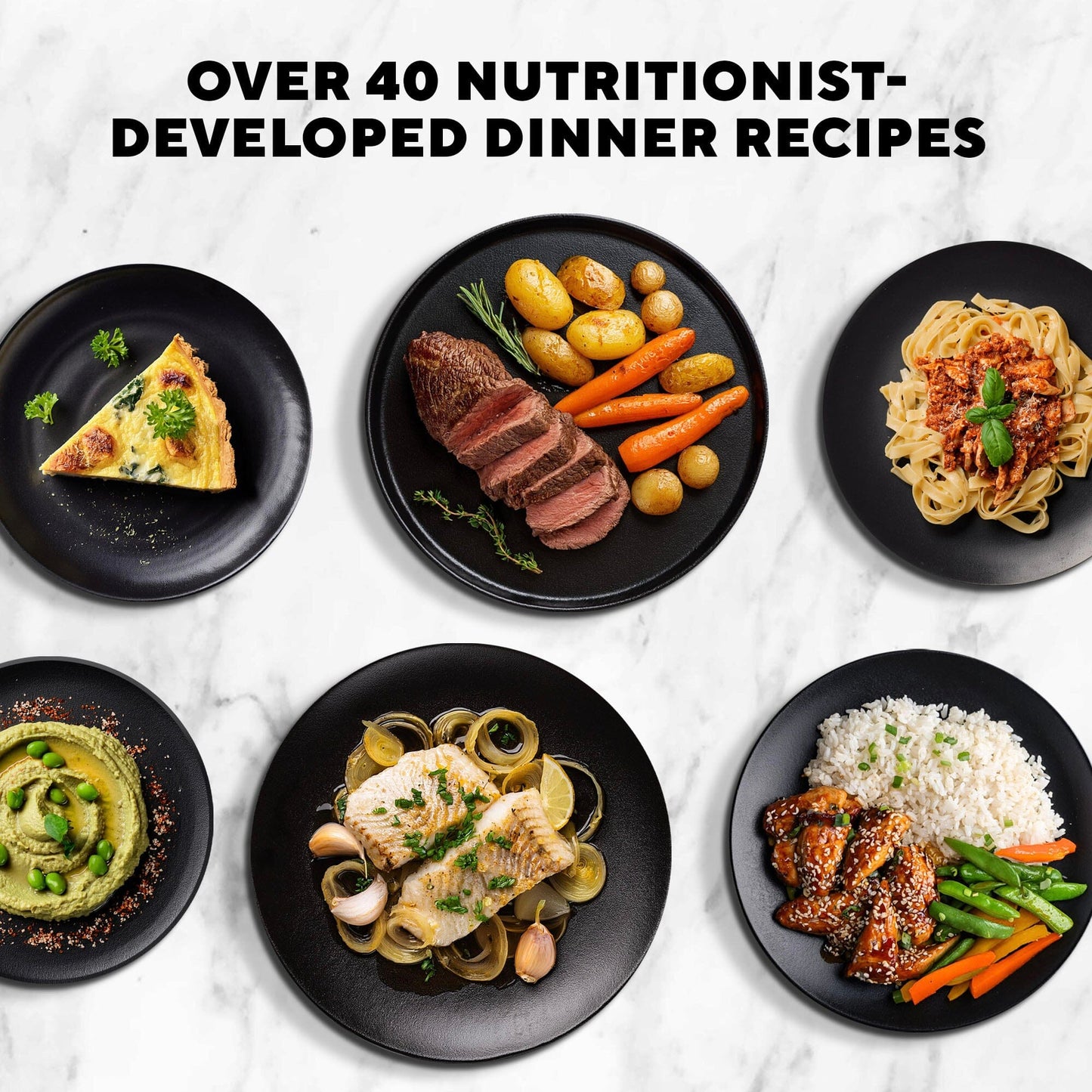 Protein Method™: Plates of diverse meals, showcasing meat, vegetables, and pasta, highlighting Raw Generation's clean-eating, whole-food-based weight loss approach.
