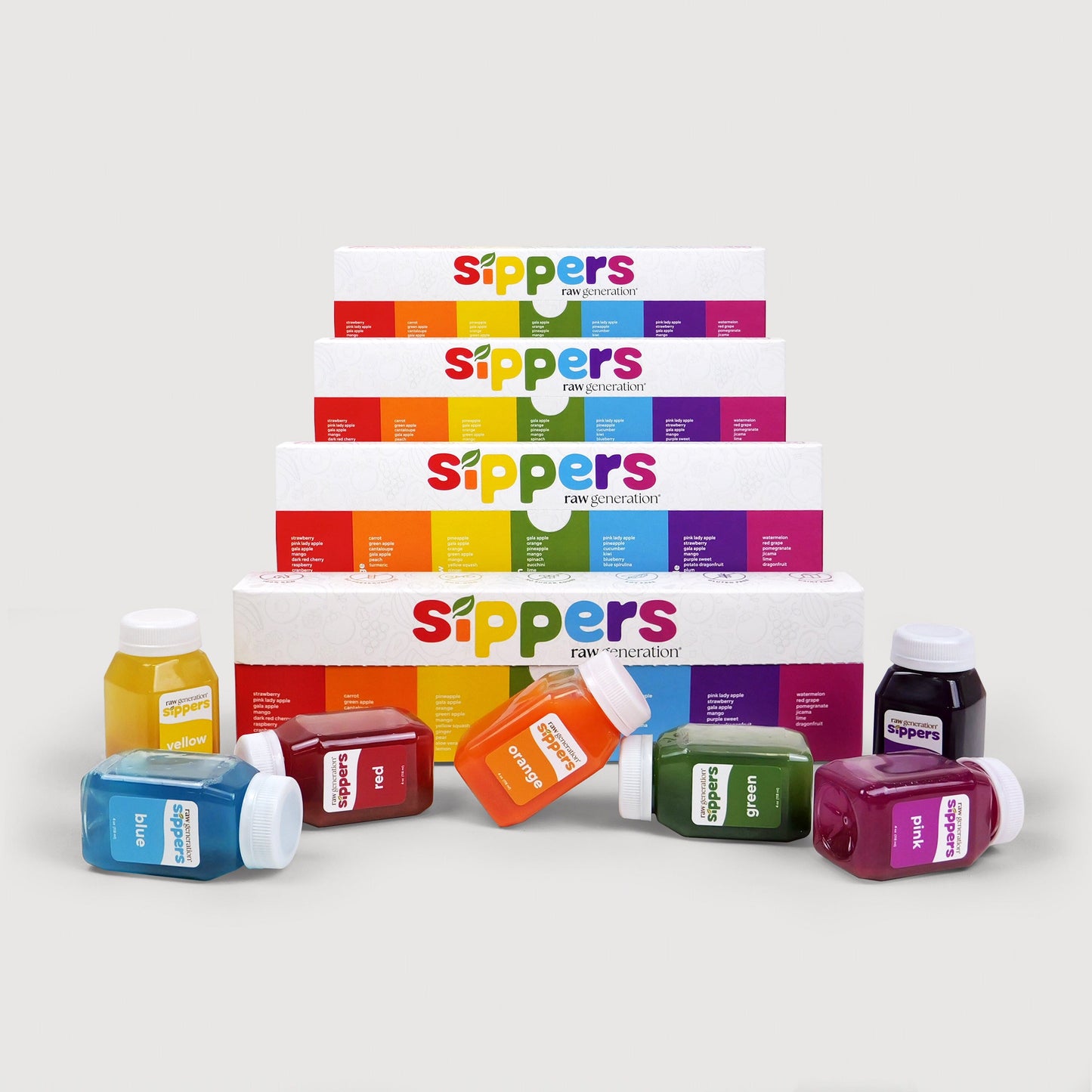 Sippers for Kids assortment, showcasing bottles and boxes of nutrient-rich juices designed to provide children with essential vitamins from 40 fruits and vegetables.