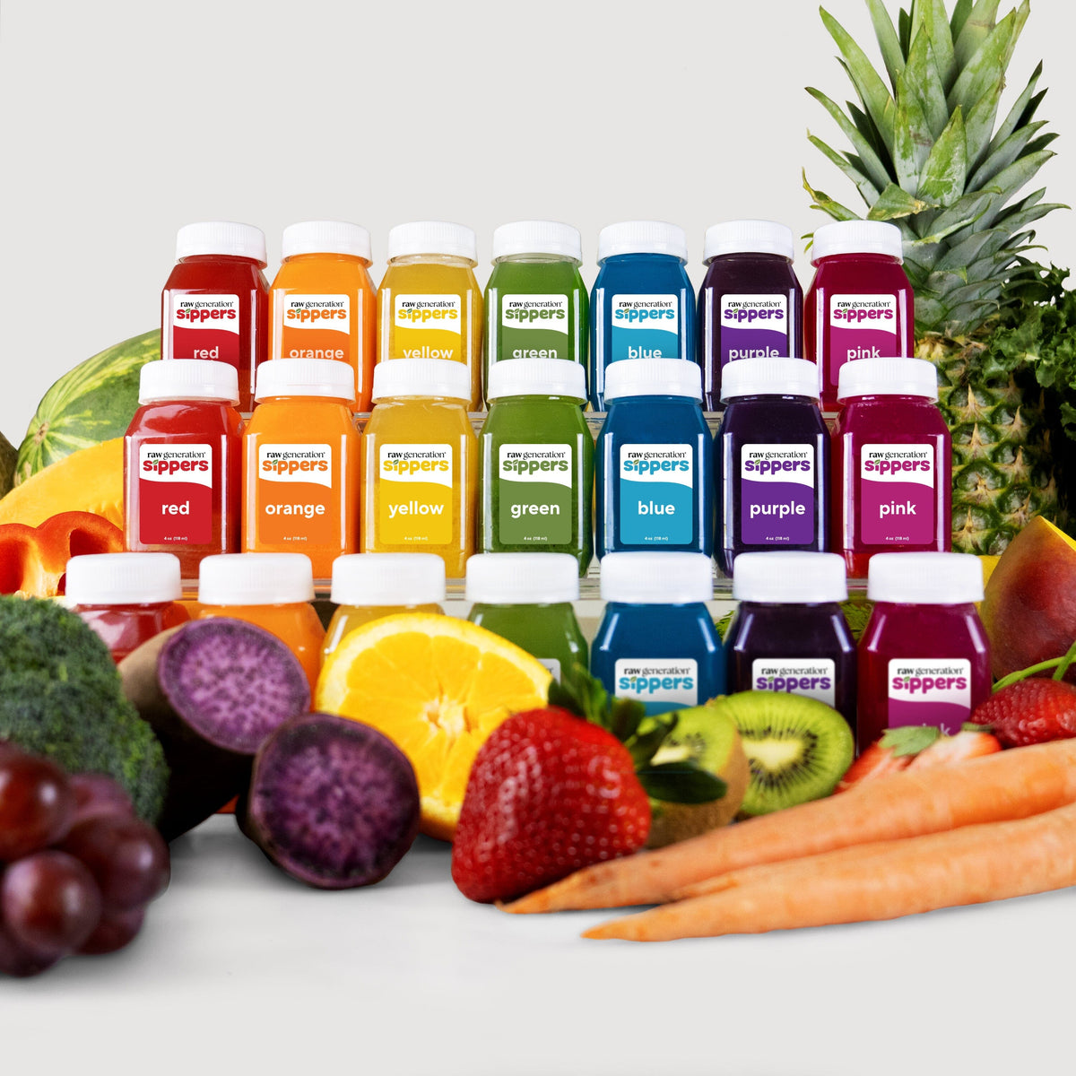 Sippers for Kids: A variety of juice bottles showcasing nutrient-rich, raw fruit and vegetable blends designed for children's health without added sugars or artificial ingredients.