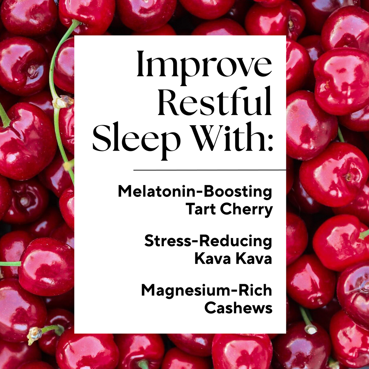 Sleep Boost™ (2-Count) features a close-up of vibrant red cherries, highlighting the natural tart cherry juice ingredient in this sleep-enhancing formula.