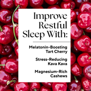 Sleep Boost™ (2-Count) features a close-up of vibrant red cherries, highlighting the natural tart cherry juice ingredient in this sleep-enhancing formula.