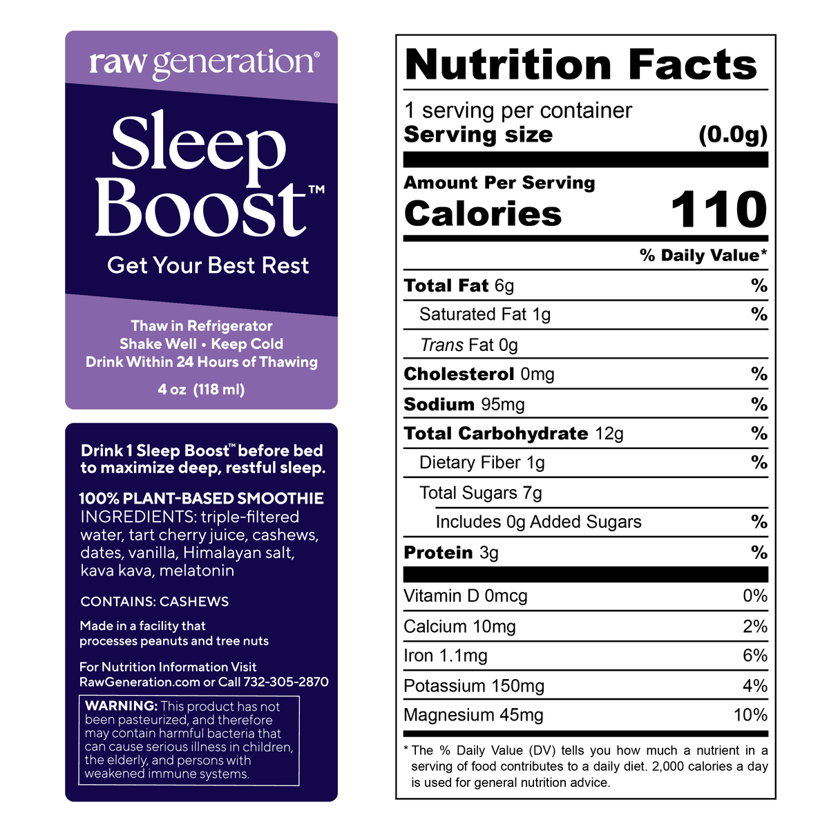 Close-up of Sleep Boost™ (2-Count) nutrition label, highlighting clean ingredients like tart cherry juice, kava kava, and melatonin for improved sleep quality.