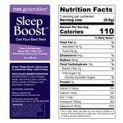 Close-up of Sleep Boost™ (2-Count) nutrition label, highlighting clean ingredients like tart cherry juice, kava kava, and melatonin for improved sleep quality.