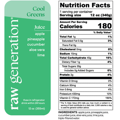 Nutrition Facts, 1 serving/container, 12 oz (340g), Calories 180, Total Fat 1g, Saturated Fat 0.5g, Trans Fat 0g, Cholesterol 0mg, Sodium 15mg, Total Carbohydrate 45g, Dietary Fiber 1g, Total Sugars 35g, Added Sugars 0g, Protein 2g, Vitamin D 0mcg, Calcium 50mg, Iron 0.6mg, Potassium 430mg, Vitamin C 172mg; Ingredients: apple juice, pineapple juice, cucumber juice, aloe vera juice, lime juice, triple-filtered water.