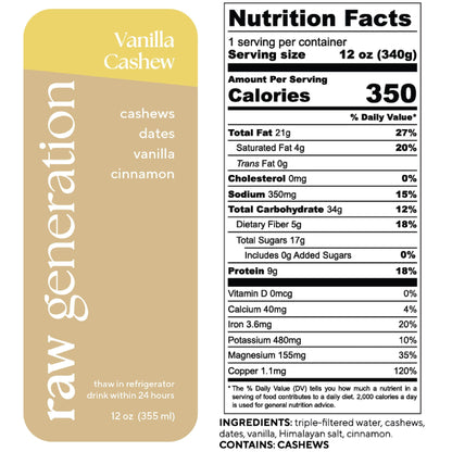 Vanilla Cashew Smoothie nutrition label close-up, highlighting plant-based protein content with 9g protein, 5g fiber, featuring cashews, dates, vanilla, and cinnamon ingredients.