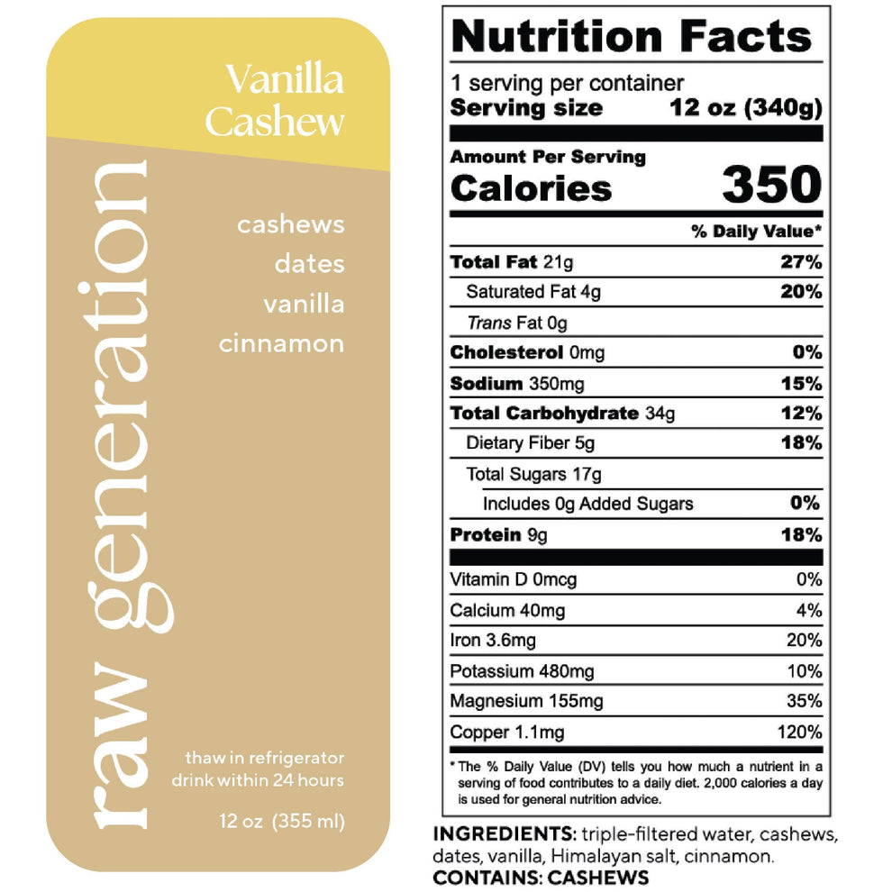 Vanilla Cashew Smoothie nutrition label close-up, highlighting plant-based protein content with 9g protein, 5g fiber, featuring cashews, dates, vanilla, and cinnamon ingredients.