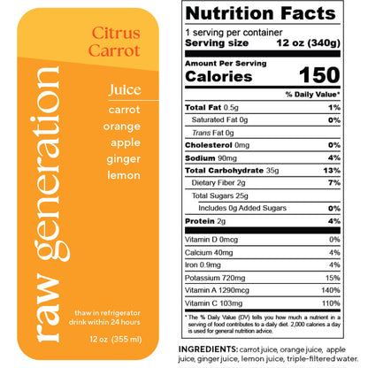Citrus Carrot juice label featuring nutrition facts and ingredients list, emphasizing its high Vitamin C content with carrot, orange, apple, ginger, and lemon.