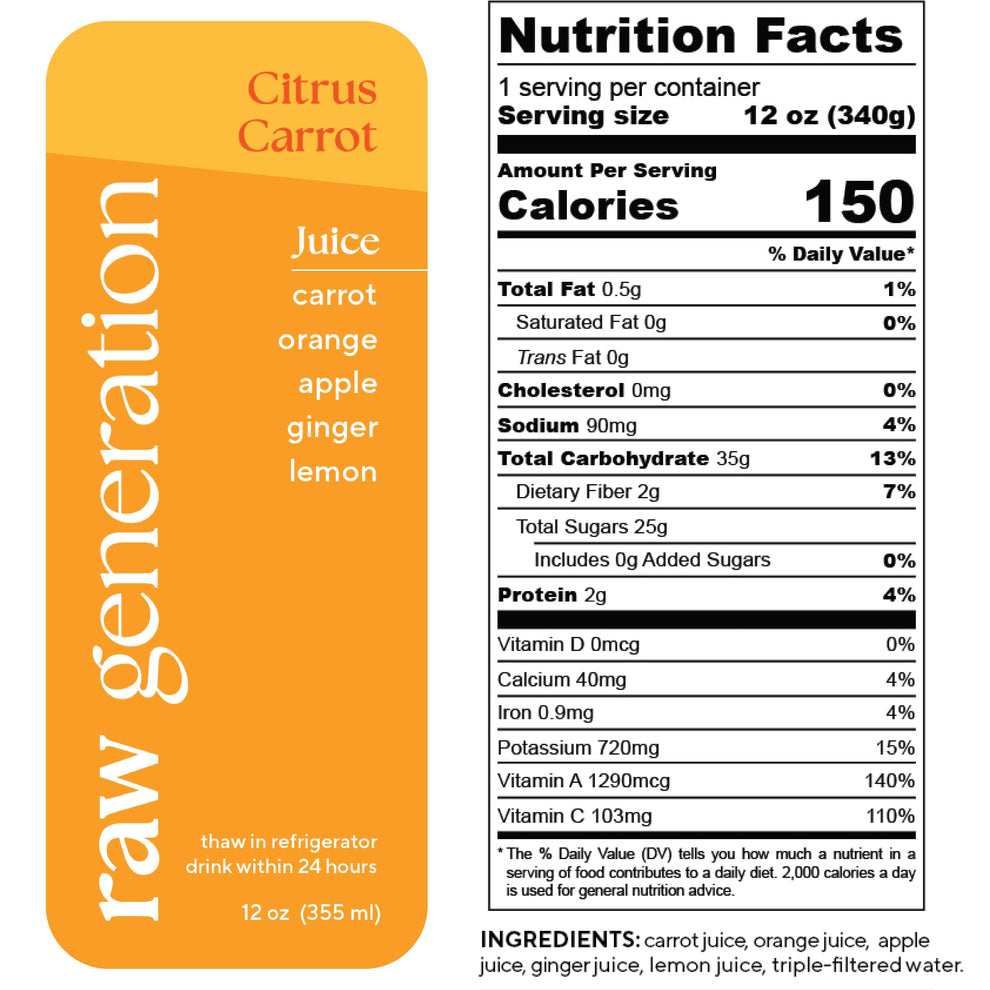 Citrus Carrot juice label featuring nutrition facts and ingredients list, emphasizing its high Vitamin C content with carrot, orange, apple, ginger, and lemon.