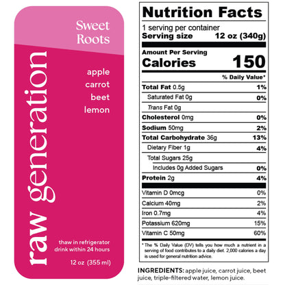 Nutrition Facts, 1 serving/container, Serving size 12 oz (340g), Calories 150, Total Fat 0.5g, Saturated Fat 0g, Trans Fat 0g, Cholesterol 0mg, Sodium 50mg, Total Carbohydrate 36, Dietary Fiber 1g, Total Sugars 25g, Added Sugars 0g, Protein 2g, Vitamin D 0mcg, Calcium 40mg, Iron 0.7mg, Potassium 620mg, Vitamin C 50mg; Ingredients used: apple juice, carrot juice, beet juice, triple-filtered water, lemon juice.