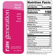 Sweet Roots Juice nutrition label, highlighting essential vitamins from apples, carrots, beets, and lemon, with pink and white logo visible.
