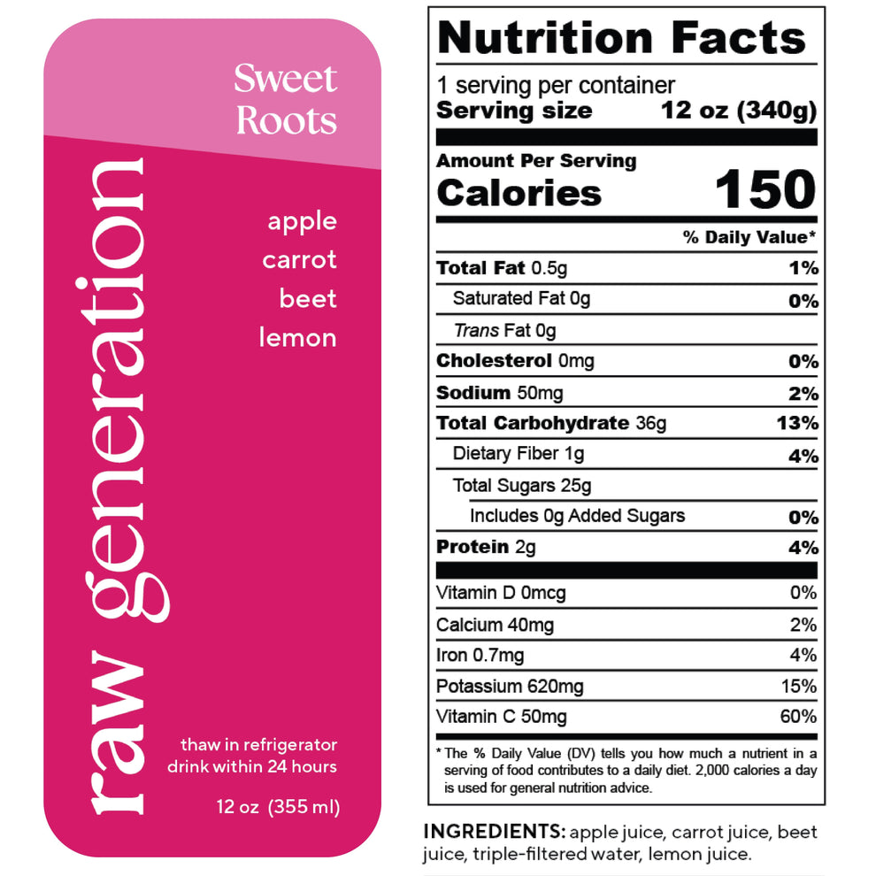 Nutrition Facts, 1 serving/container, Serving size 12 oz (340g), Calories 150, Total Fat 0.5g, Saturated Fat 0g, Trans Fat 0g, Cholesterol 0mg, Sodium 50mg, Total Carbohydrate 36, Dietary Fiber 1g, Total Sugars 25g, Added Sugars 0g, Protein 2g, Vitamin D 0mcg, Calcium 40mg, Iron 0.7mg, Potassium 620mg, Vitamin C 50mg; Ingredients used: apple juice, carrot juice, beet juice, triple-filtered water, lemon juice.