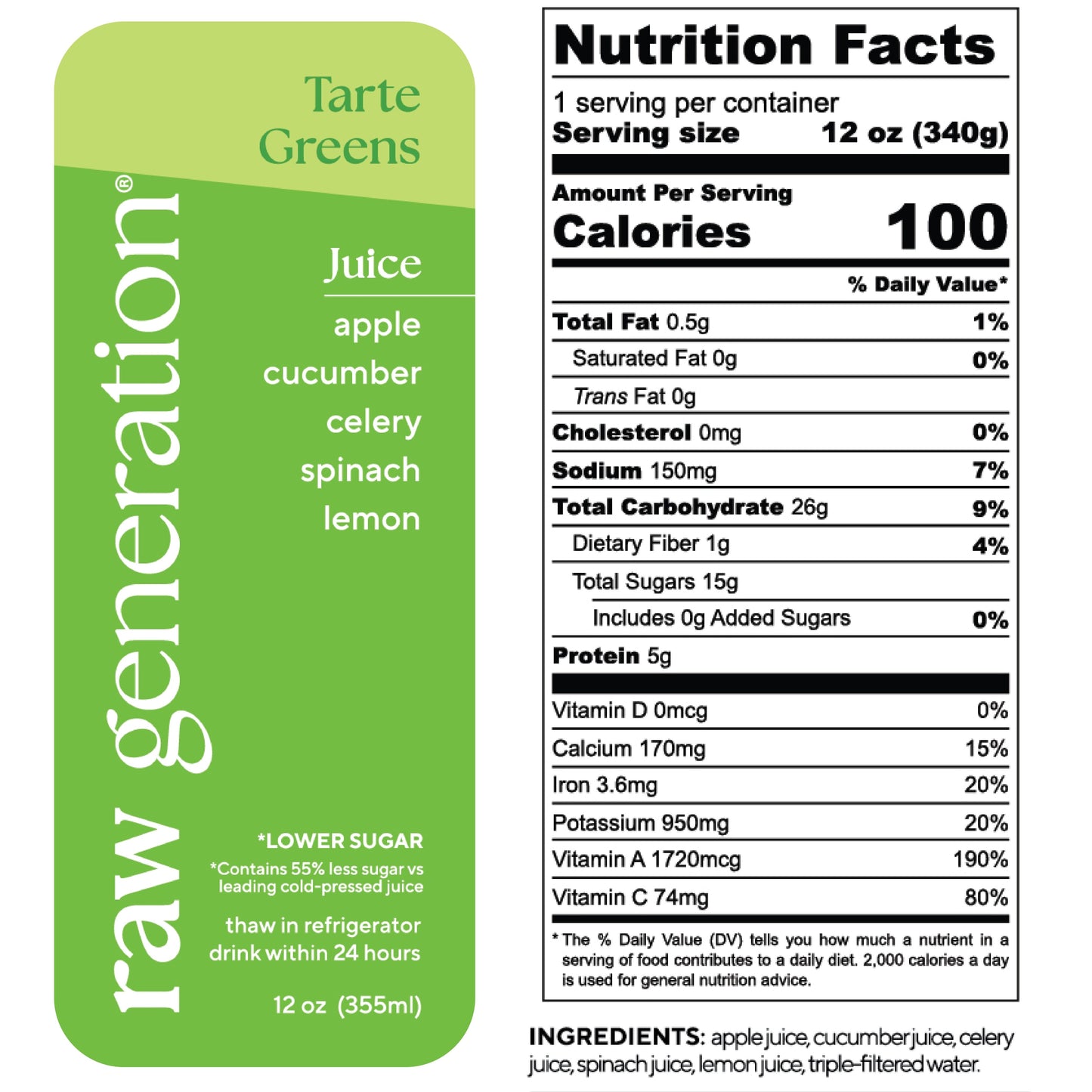 Tarte Greens juice label showing nutrition facts, highlighting 7g protein, 80% Vitamin C, 260% Vitamin A, and ingredients: apples, cucumber, celery, spinach, lemon.