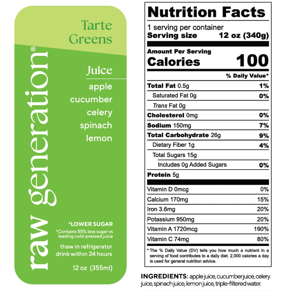 Tarte Greens juice label showing nutrition facts, highlighting 7g protein, 80% Vitamin C, 260% Vitamin A, and ingredients: apples, cucumber, celery, spinach, lemon.