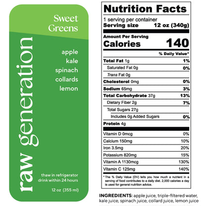 Nutrition Facts, 1 serving/container, Serving size 12 oz (340g), Calories 140, Total Fat 1g, Saturated Fat 0g, Trans Fat 0g, Cholesterol 0mg, Sodium 65mg, Total Carbohydrate 37g, Dietary Fiber 2g, Total Sugars 27g, Added Sugars 0g, Protein 4g, Vitamin D 0mcg, Calcium 150mg, Iron 3.5mg, Potassium 820mg, Vitamin A 1130 mg, Vitamin C 125mg; Ingredients used: apple juice,, triple-filtered water, kale juice, spinach juice, collard juice, lemon juice