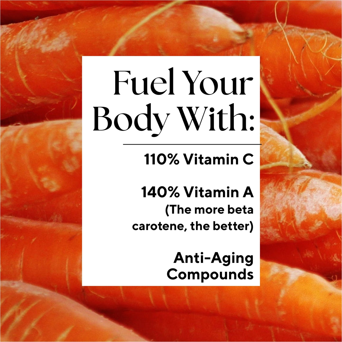 Citrus Carrot juice featuring a vivid pile of carrots, highlighting its key ingredient for an immunity-boosting blend with carrot, orange, apple, ginger, and lemon.