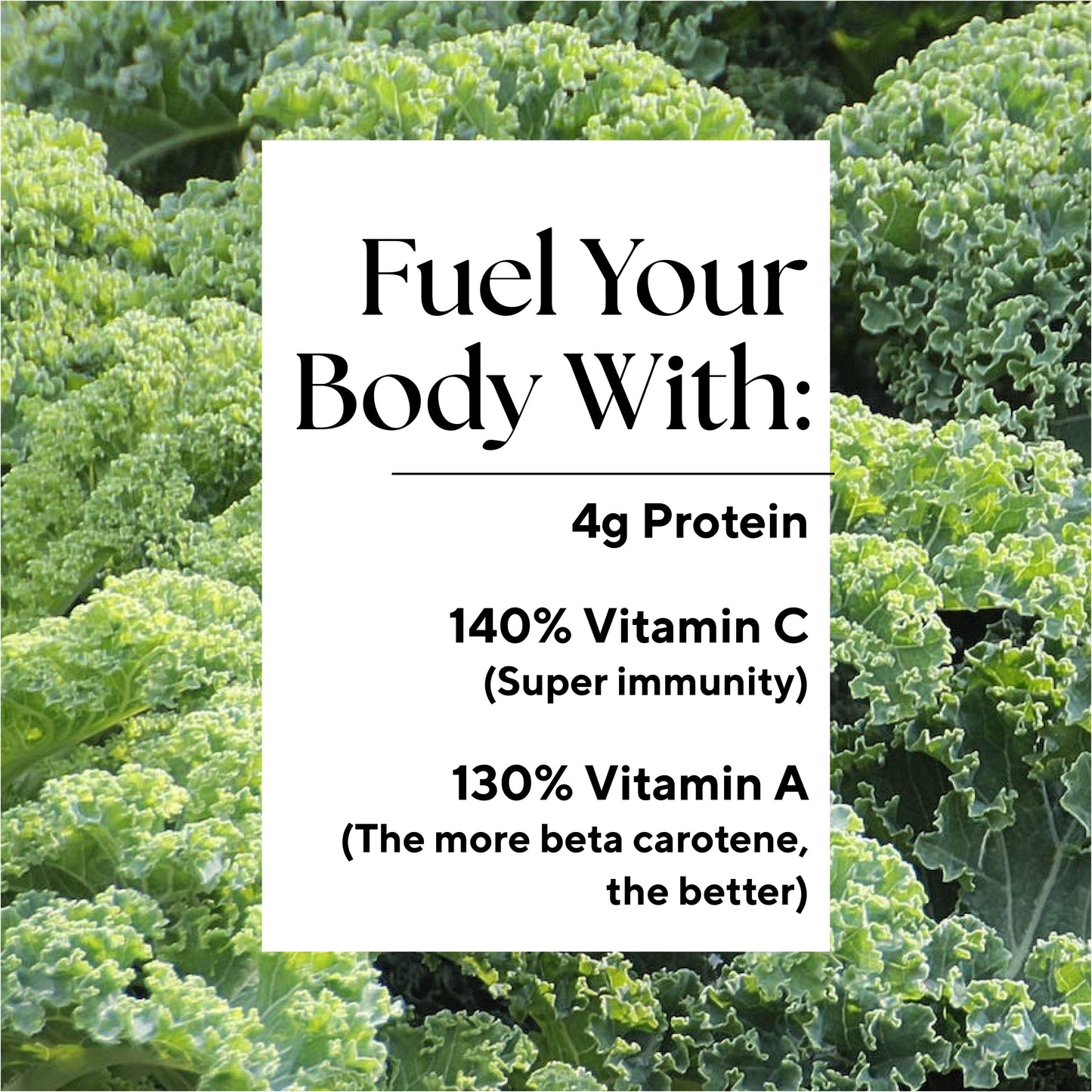 Infographic with: 4g protein, 140% Vitamin C, 130% Vitamin A the more beta caraotene, the better