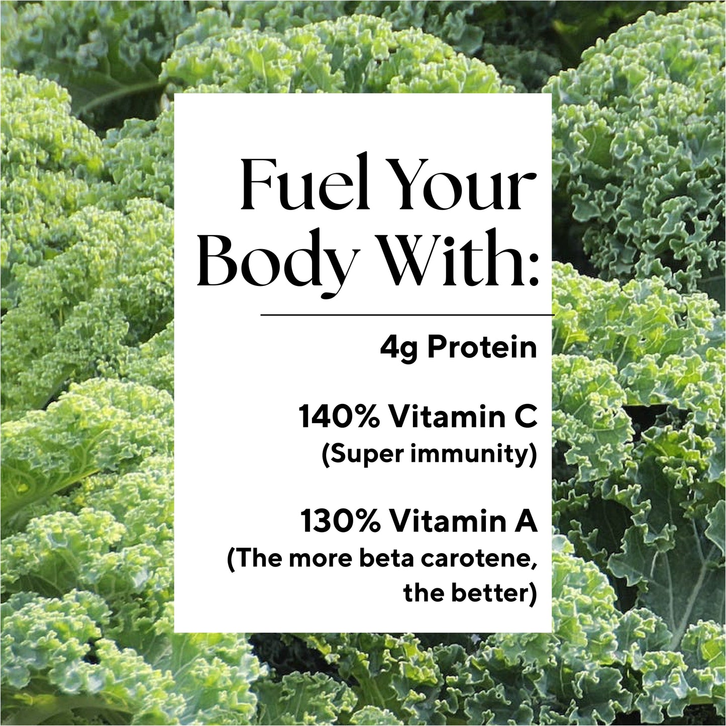 Sweet Greens Juice bottle amidst leafy greens, highlighting ingredients like kale and spinach, emphasizing its nutrient-rich blend with 6g protein, Vitamin C, and Vitamin A.