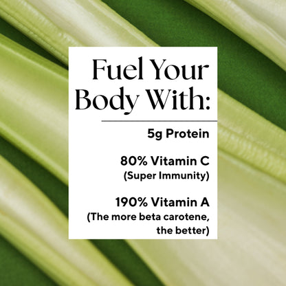 Tarte Greens product packaging, featuring close-up of celery and nutrition label, highlighting its nutritious blend with 7g protein, Vitamin C, and Vitamin A.