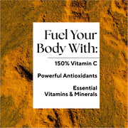 Ginger Turmeric juice label close-up, highlighting the blend's immune-boosting properties with ingredients like apple, ginger, turmeric, lemon, and black pepper.