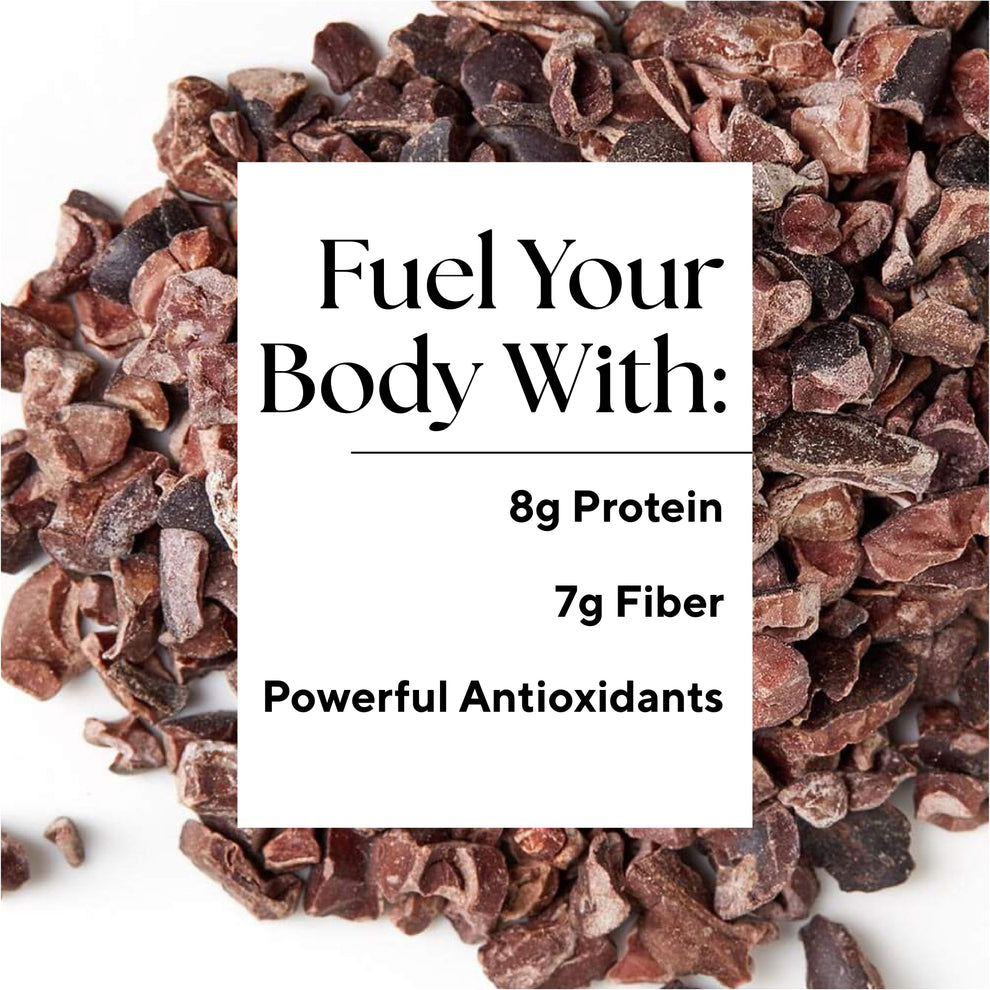 Close-up of sweet cacao nibs with a white box overlay. Text in the box reads: Fuel Your Body With: 8g Plant-Based Protein, 7g Fiber, Powerful Antioxidants, ideal for Raw Generations Cookies & Cream Smoothie. The text is surrounded by scattered cacao nibs on a white background.