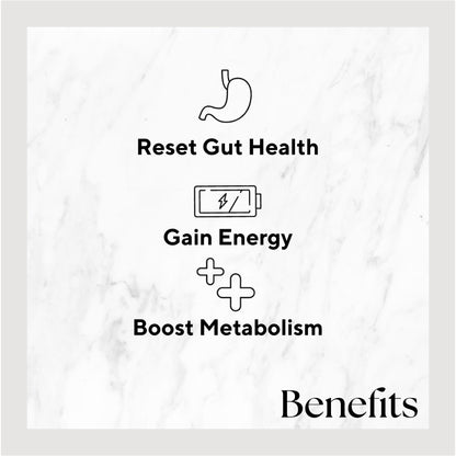 The Cookies & Cream Smoothie by Raw Generation features a minimalist design with icons of a stomach, battery, and plus signs. Text reads: Reset Gut Health, Gain Energy, and Boost Metabolism through plant-based protein. Title: Benefits. Set against a marble background.