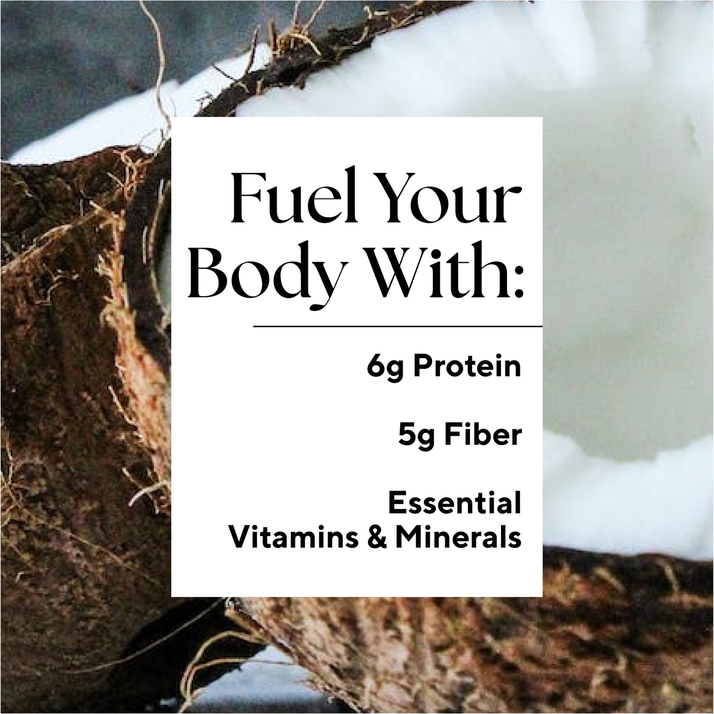 Set against a dark, textured background, the Piña Colada Smoothie by Raw Generation showcases a cracked open coconut with white flesh. Highlighting its benefits, it contains 6g protein, 5g fiber, and essential vitamins. Made with all-natural ingredients, enjoy the piña colada taste without added sugar.