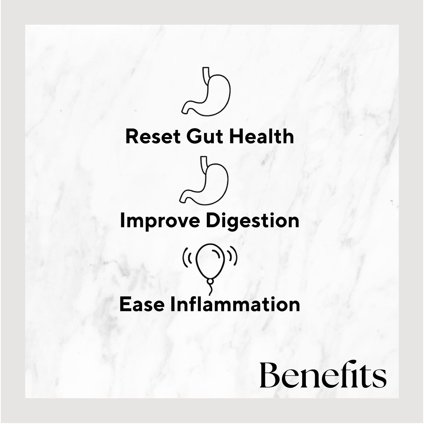 Set against a marble background, the Raw Generation Piña Colada Smoothie promotes Reset Gut Health and Improve Digestion with a stomach icon, plus Ease Inflammation with a balloon icon—all using all-natural ingredients. The word Benefits appears at the bottom right.
