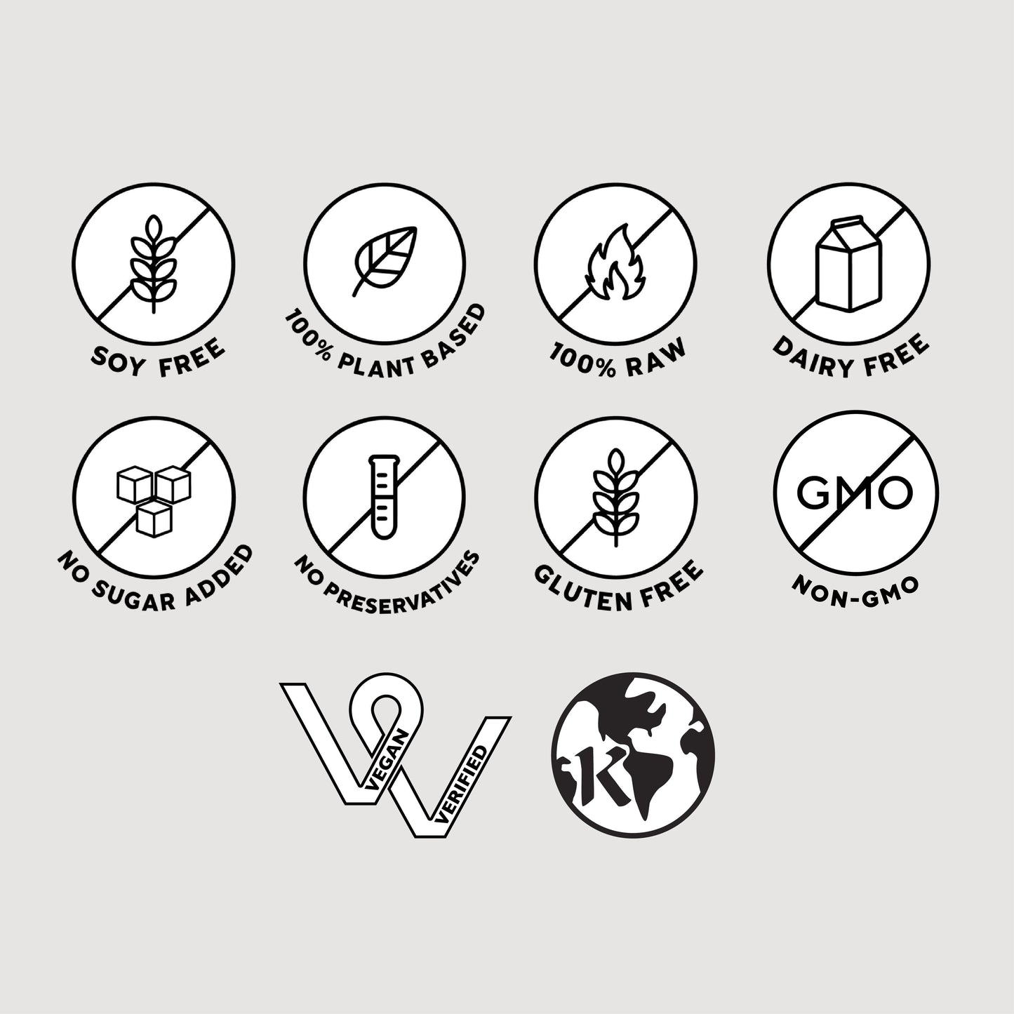 Infographic that reads: "Soy Free, 100% plant based , 100% RAW , DAiry free , no sugar added , no preservatives , gluten free , Non-gmo , vegan verified "