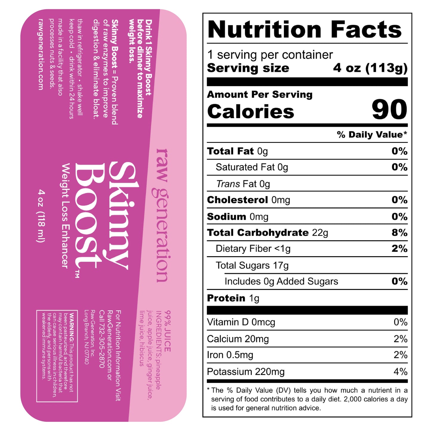 Skinny Boost™ Weight Loss Enhancer Shot (2-Count) nutrition label close-up, highlighting ingredients like pineapple and ginger juices, supporting digestion and reducing bloating.