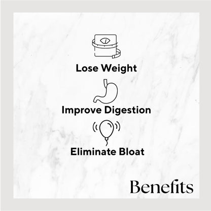 Skinny Boost™ Weight Loss Enhancer Shot (2-Count) on a white marble surface, featuring a black text label and black and white digestive-themed illustrations.