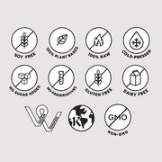 Infographic highlighting the features of the juice: Soy free, 100% Plant based, 100% Raw, Non-GMO, Cold-Pressed, No sugar added, No Preservatives, Gluten Free, Dairy free.