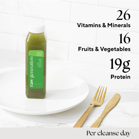 26 vitamins and minerals, 16 fruits and vegetables, and 19 grams of protein per cleanse day