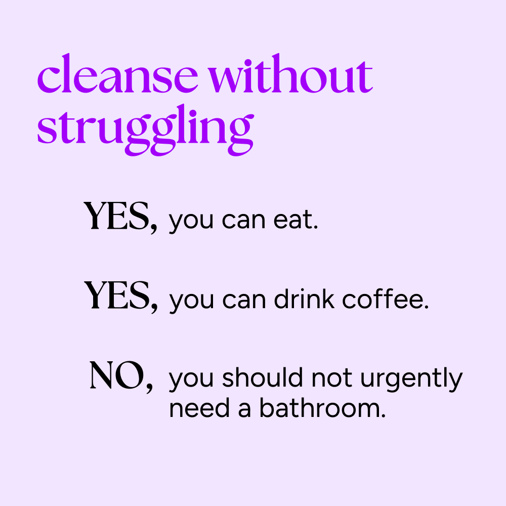 Graphic with 'cleanse without struggling' highlighting Skinny Cleanse® + Stay Skinny Method™ Bundle benefits: eat, drink coffee, and no bathroom urgency during weight loss.