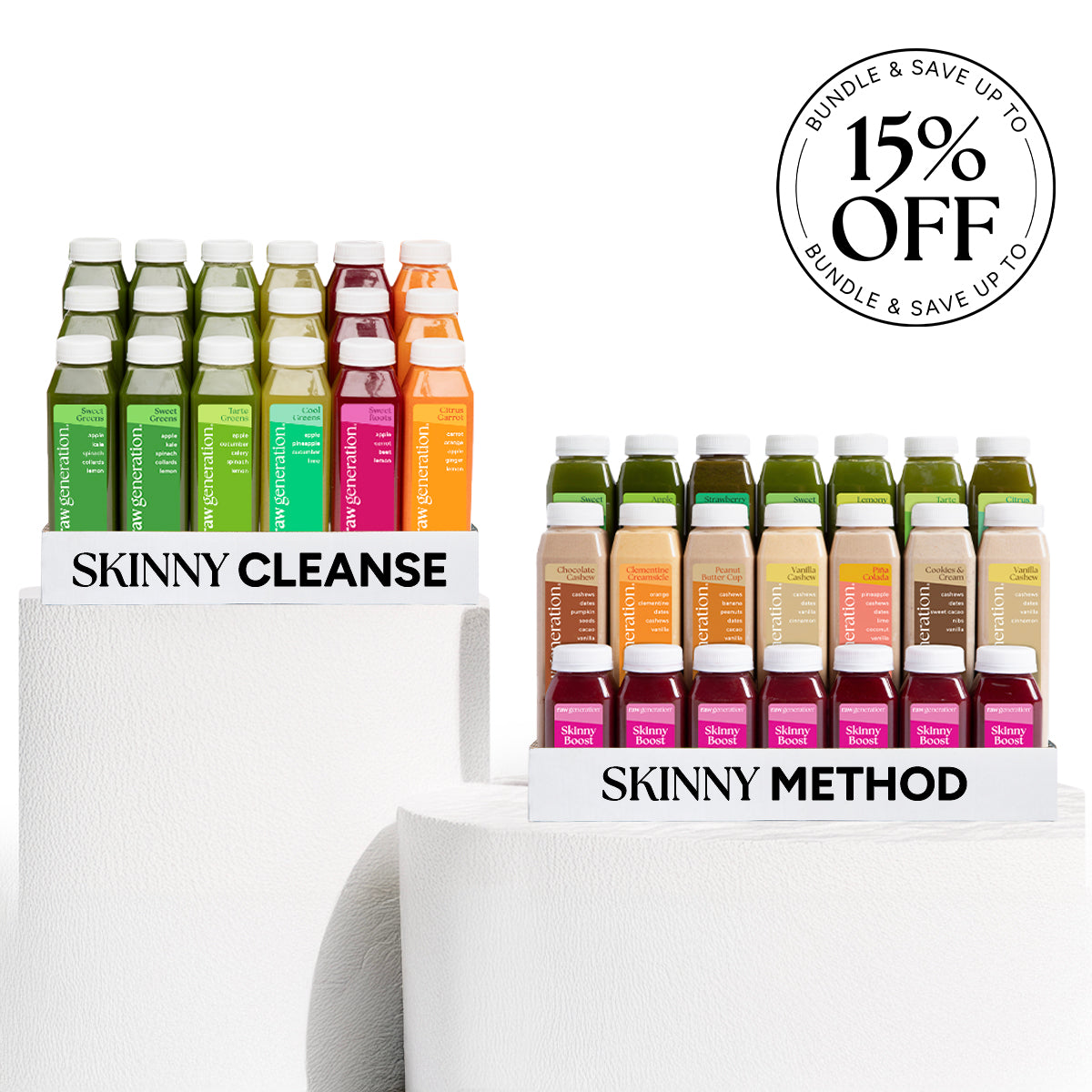 Skinny Cleanse® + Stay Skinny Method™ Bundle: Studio shot of two juice assortments, featuring cold-pressed juices and nut-milk blends, with a Bundle & Save offer badge.