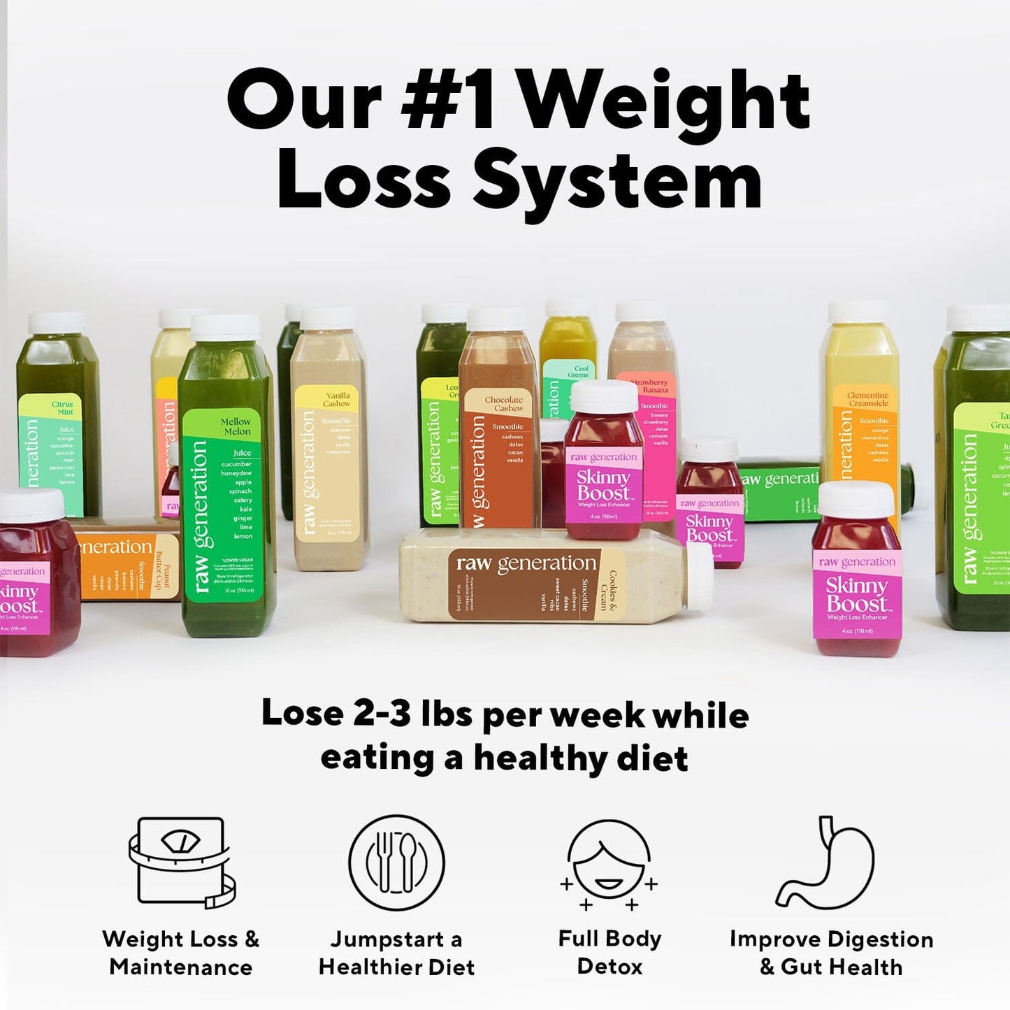 Stay Skinny Method™ bottles showcasing clean, raw ingredients for weight loss, featuring close-up views of green juice and smoothies for a healthy diet plan.