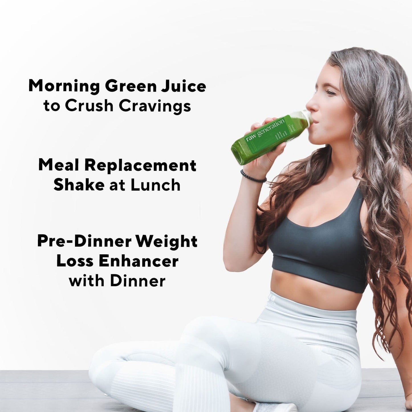 Woman sitting, drinking a green juice from the Stay Skinny Method™, promoting natural weight loss with raw ingredients and a healthy lifestyle approach.