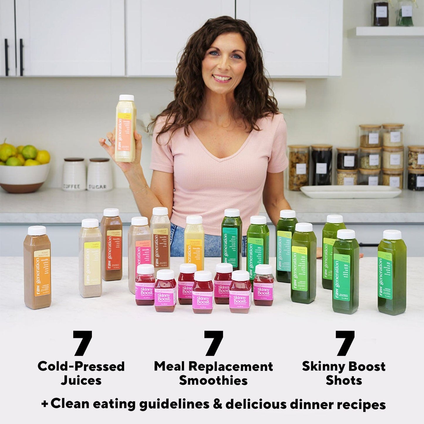 Woman holding several Stay Skinny Method™ juice bottles, symbolizing Raw Generation's nutrient-rich weight loss approach focused on clean, raw ingredients for natural weight management.
