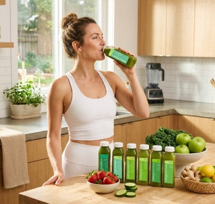Woman in kitchen with Daily Detox Box, sipping green juice among bottles, strawberries, cucumber, apples, kale, ginger, lemons, emphasizing wellness and natural cleansing.