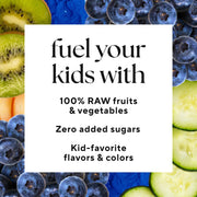 Infographic that reads: "Fuel your kids with 100% raw fruit vegetables zero added sugar , kid-favorite flavors and colors"