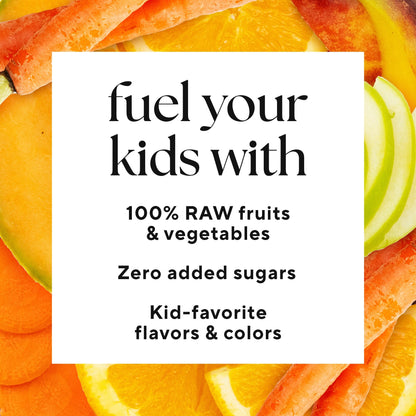 Orange Sippers for Kids (2-Count); features a display sign with assorted fruits, highlighting its pure, healthy ingredients like orange, carrot, and apple juices.