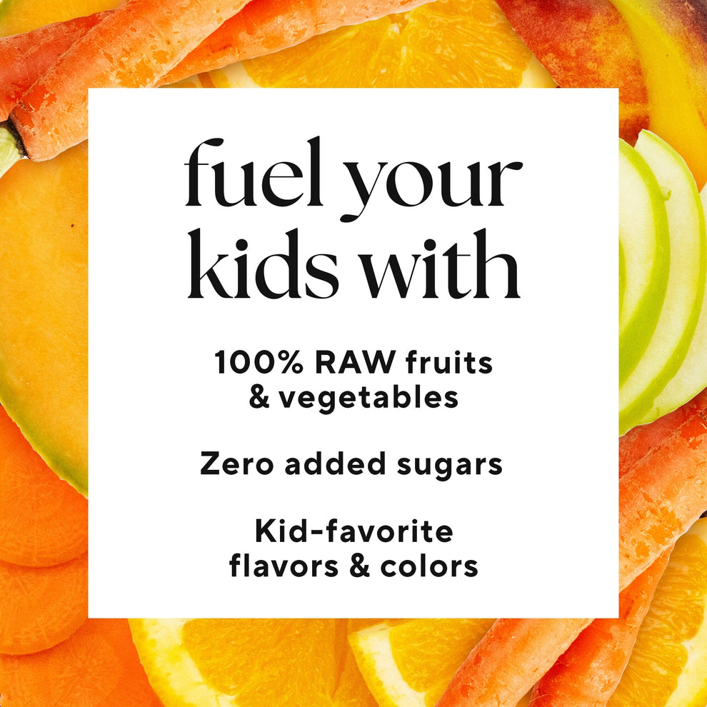 Orange Sippers for Kids (2-Count); features a display sign with assorted fruits, highlighting its pure, healthy ingredients like orange, carrot, and apple juices.