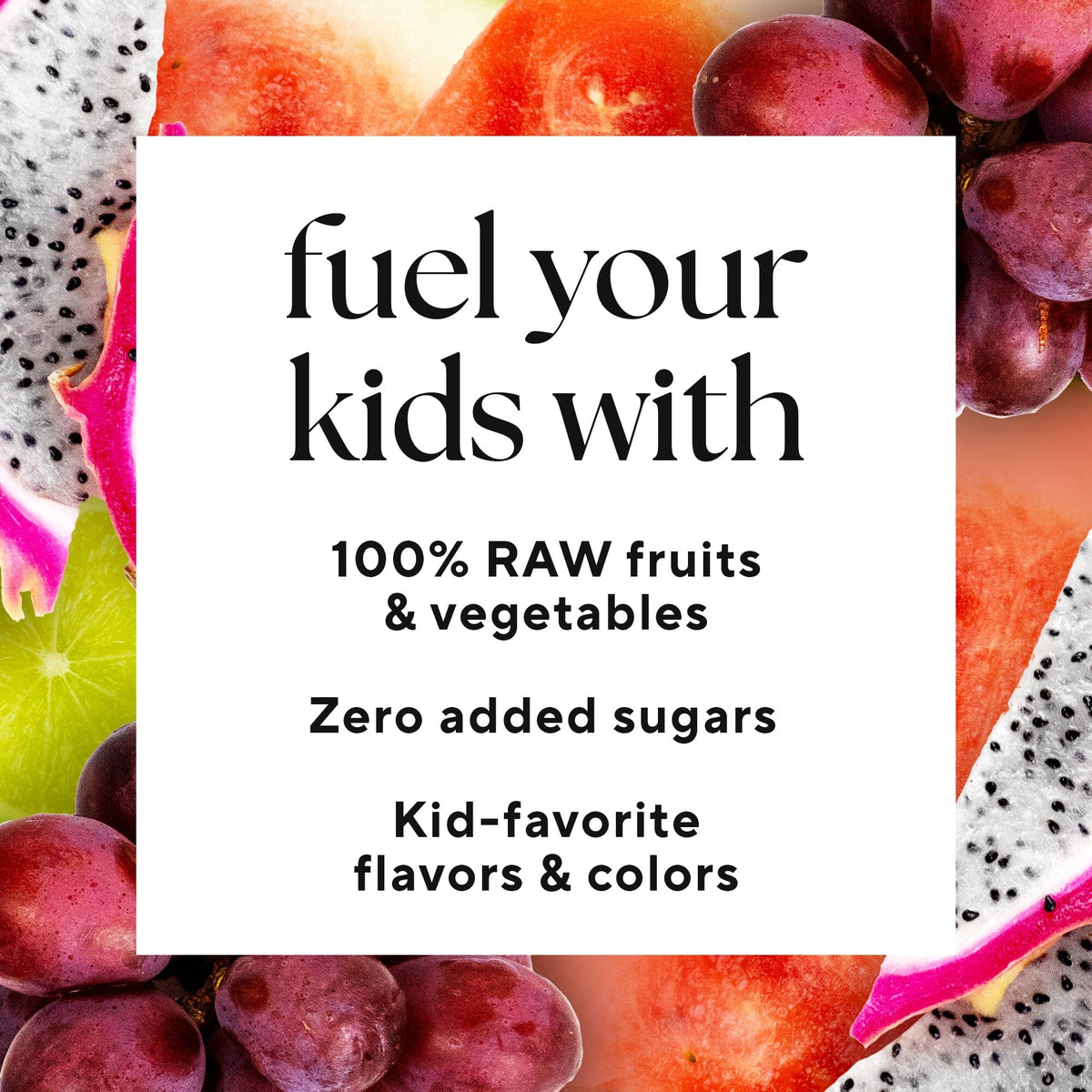 Pink Sippers for Kids (2-Count) close-up display featuring red fruits including watermelon, pomegranate, and dragonfruit, highlighting natural cold-pressed ingredients for a nutritious kids' beverage.