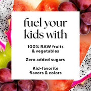 Pink Sippers for Kids (2-Count) close-up display featuring red fruits including watermelon, pomegranate, and dragonfruit, highlighting natural cold-pressed ingredients for a nutritious kids' beverage.