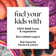 Image with text "Fuel your kids with 100% RAW fruits and vegetables" , Zerod added Sugar , Kid-favoriate flavors& Colors